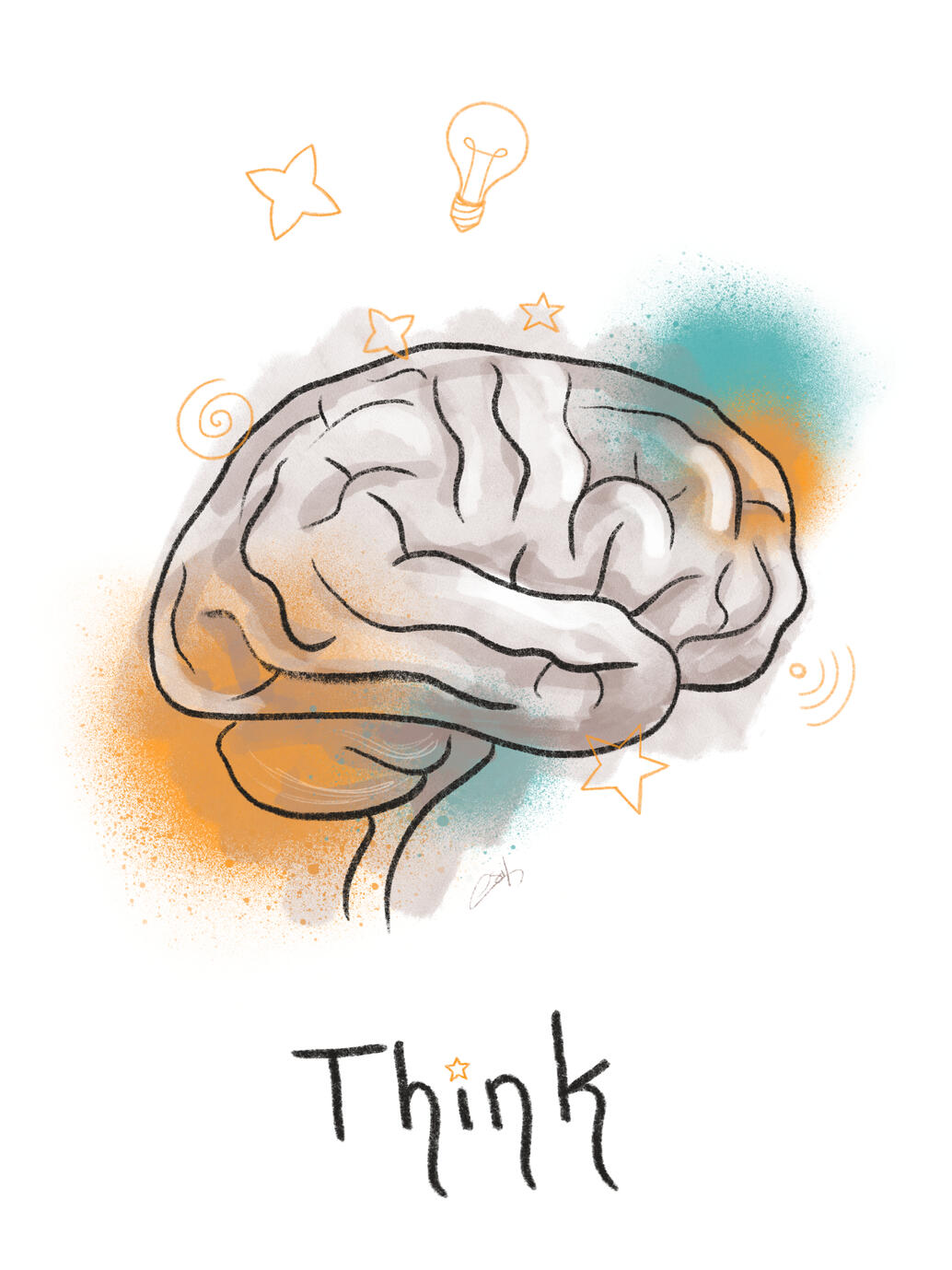 Illustration of a brain with turquoise and yellow spots