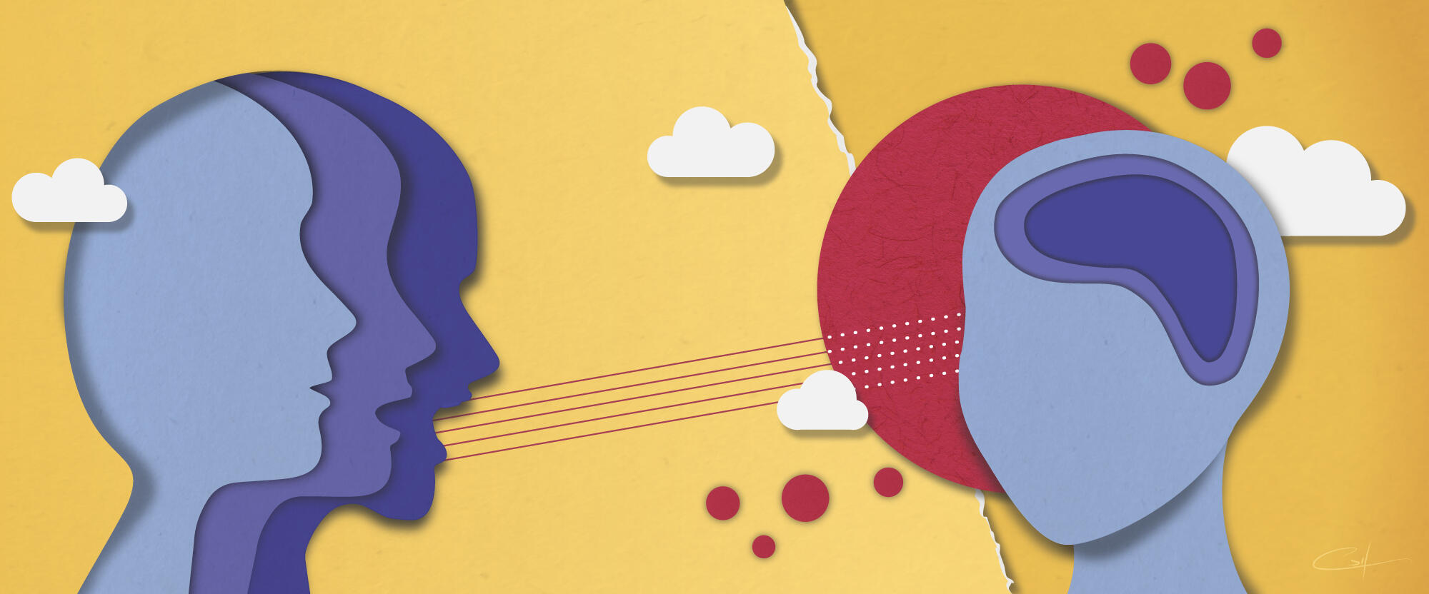 Digital illustration of 2 blue silhouettes: one screeming at the second whose brain is highlighted