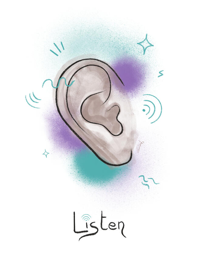 Illustration of an ear with turquoise and purple spots