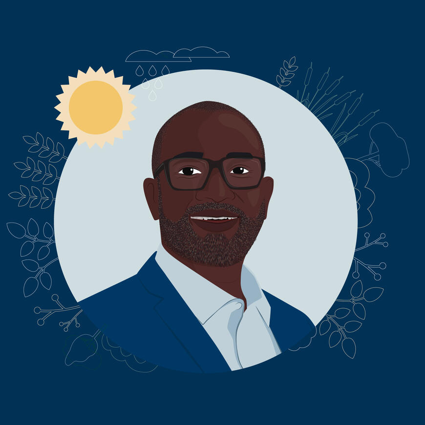 Digital portrait of Kasonde Mugira, water expert at SIWI, 2024 - in white circle with blue background