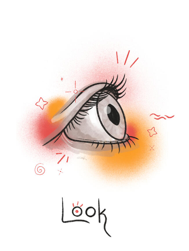 Illustration of an eye with red and yellow spots